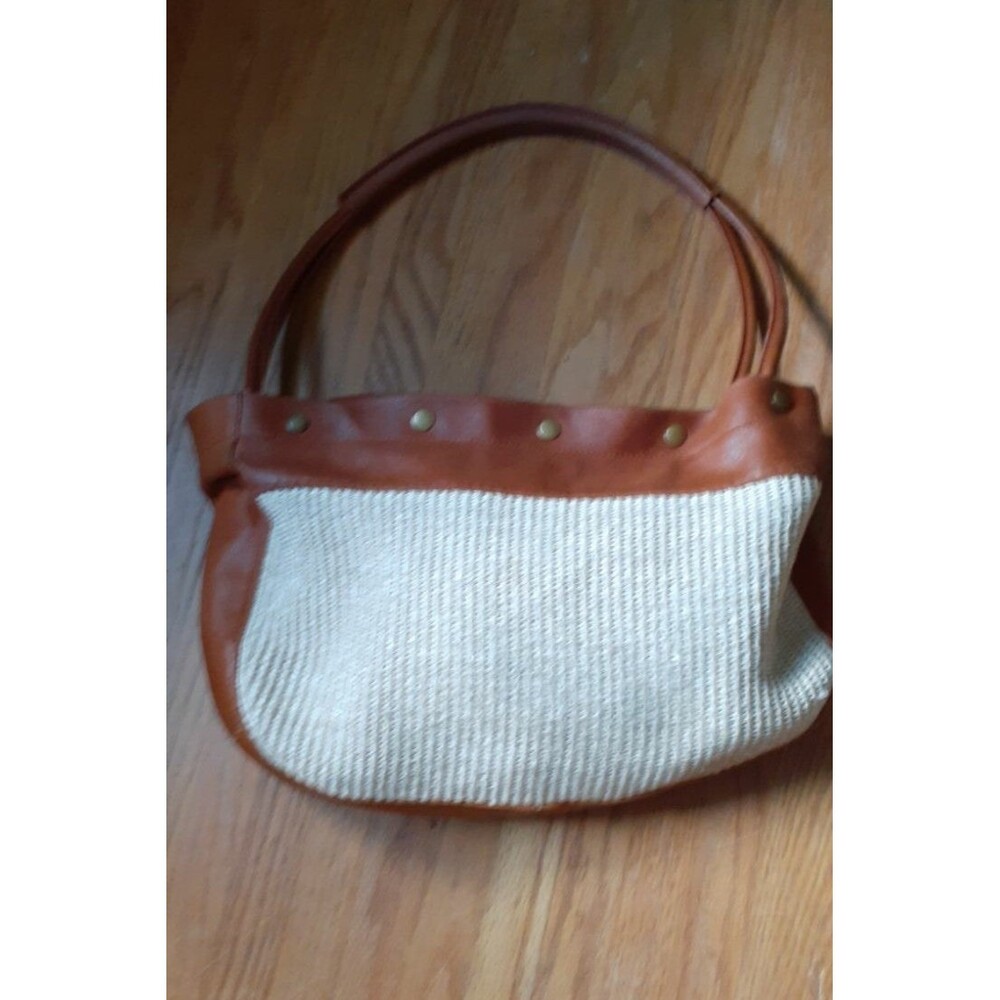 Furla woven off white bag with leather trim handbag designer purse straw raffia